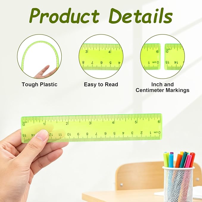 Plastic Clear Ruler Math Set - 6'' 12'' Transparent Straight Ruler, 4'' 6'' Protractor, 30/60 & 45/90 Triangle Ruler, Geometry Math Measuring Tool for School Home Office Drawing Teachers Kids Yellow