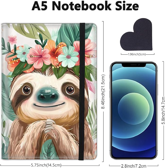 A5 Leather Lined Journal Notebook, 200 Pages Hardcover Executive Notebook for Men Women Office School Note Taking, Thick Writing Paper Daily Journal with Bookmarks/Indexes,Watercolor Sloth