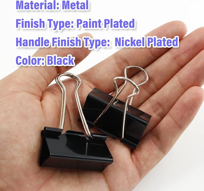 40 Pack 1.6" Black Binder Clips, 18mm Capacity Metal Office Clamps | Metal Paint-Plated, 41mm Wide 18mm Capacity, For Paper Document Photo Album School Office Home