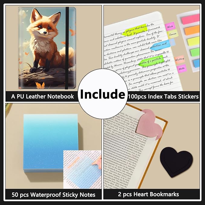 A5 Leather Lined Journal Notebook, 200 Pages Hardcover Executive Notebook for Men Women Office School Note Taking, Thick Writing Paper Daily Journal with Bookmarks/Indexes, Cute Fox