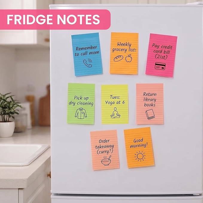 6 Pack 4x6 Lined Sticky Notes, 270 Sheets Super Sticky Memo Pads with Lines | Colorful Self-Stick Notes for Office, School, Teacher Supplies, Study Notes, To Do Lists & Daily Reminders
