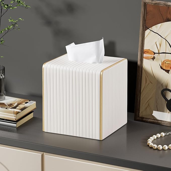 Square PU Leather Tissue Box Cover with Magnetic Closure, Decorative Tissue Holder & Storage Container for Bedroom, Living Room, Dining Room, Bathroom, Countertop, Desk & Office (White)