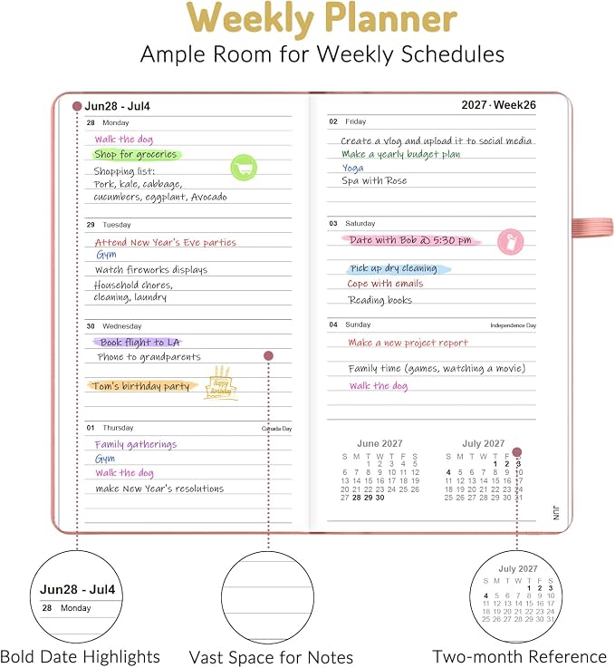 Forvencer Pocket Planner 2026-2027, Weekly Monthly Planners for Purse, 3.5" x 6", July 2026-June 2027, Cute Small Daily Academic Calendar, Elastic Band, Hardcover Agenda for Women, Teacher