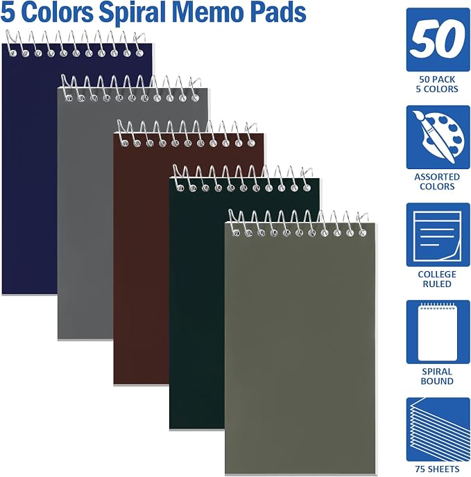 Teling 50 Pcs Pocket Notebooks Bulk Small Spiral Memo Pads 3x5'' Note Pads | Dark Color Mini Notepad, Back to School Supplies, Top Spiral Tiny Note Pad with Lined, Mini Journal for Office Work, 75 Sheet