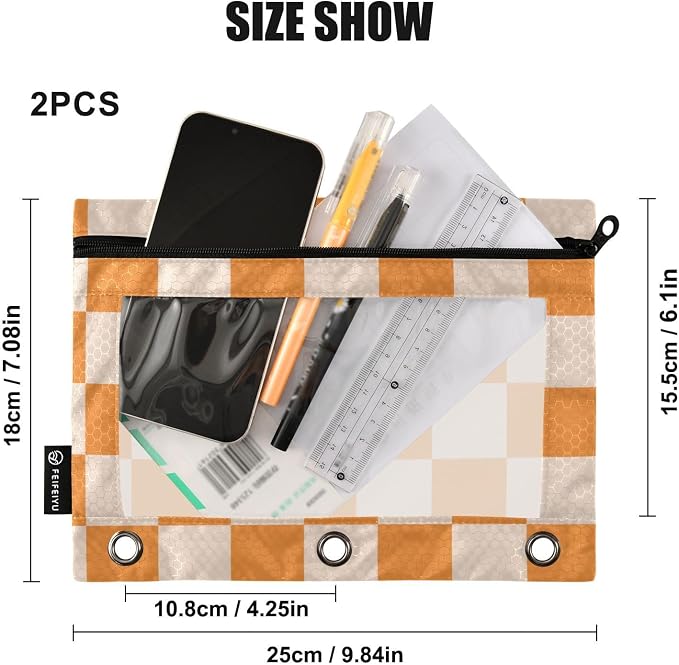 Orange Checkerboard Pencil Pouch for 3 Ring Binder 2 Pack Zipper Binder Pencil Bag Case with Clear Window Office Supplies