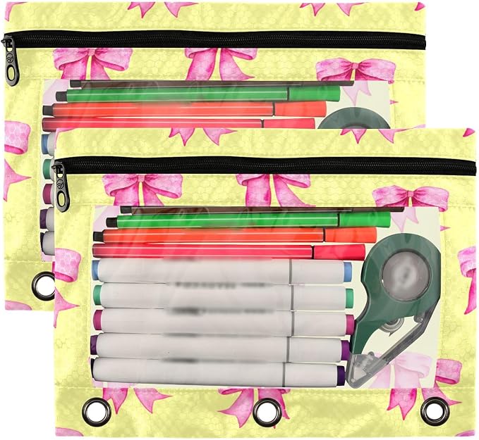 Yellow Bows Tie Pencil Pouch Fits Standard 3-Ring Binders, Zipper Binder Pencil Bag with Clear Window for Office 2 Pack