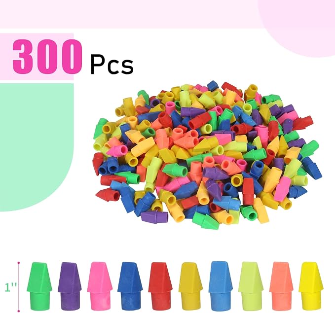 300 Pack Pencil Top Erasers Bulk 10 Colors and Cap Erasers for Pencils for Kids, Students