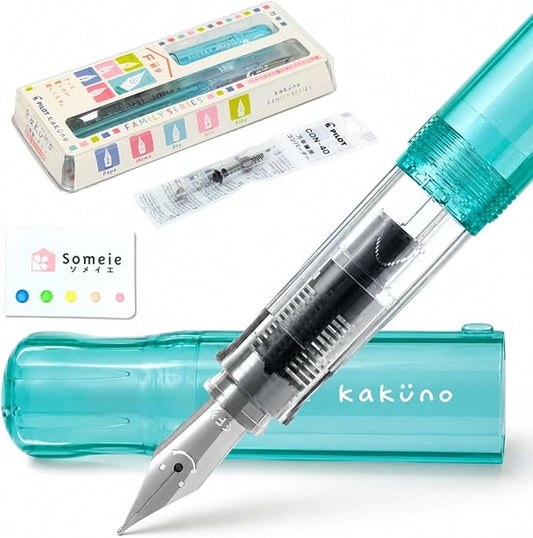 Fountain Pen Set CON-40 Converter & Kakuno Fine Nib with Black Ink Cartridge & Sticky Notes – Refillable Ink System, For Beginners, Calligraphy (Green FKA-1SR-KBOG-F)