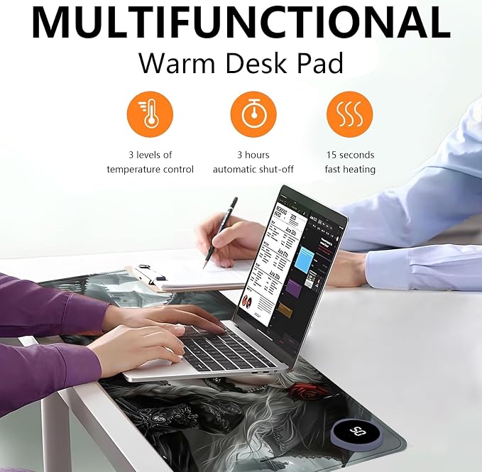 Heated Mouse Pad with 3 Levels Heated & 3 Hours Auto Shut-Off Mouse Pad for Warming Hands in Office Home, 23.6" x 14.2"Large Safe Desk Mat Hand Warmer，Woman with Umbrella