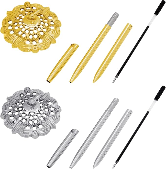2 Pcs Hollow Round Pen Holder Metal Pen Stand Holder Set Signing Pen Set Signing Desk Ballpoint Pens for Guest Book Wedding Birthday Party Graduation Teacher Office Business (Gold Silver)