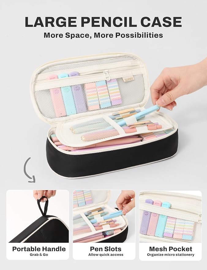 SUNEE 35PCS Aesthetic Stationery Set with Cute Pencil Case, Pastel Highlighters, Black Gel Pens, Mechanical Pencils & Refills, College School Supplies for Students Black