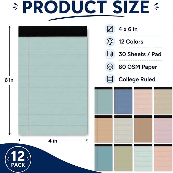 gisgfim 12 PCS 4" x 6" Small Legal Pad College Ruled Lined Mini Legal Pad 80 GSM Soft Neutral Law Memo Pads 30 Sheets Memo & Scratch Pads for Home Office School Work Business To Do List Grocery List