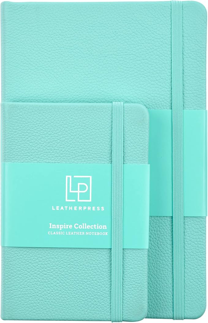 Leather Notebook, Writing Journal, Full-Grain Leather, Narrow Ruled Paper, Notebooks for Work & School, Reef Blue (8.4" x 5.4”)