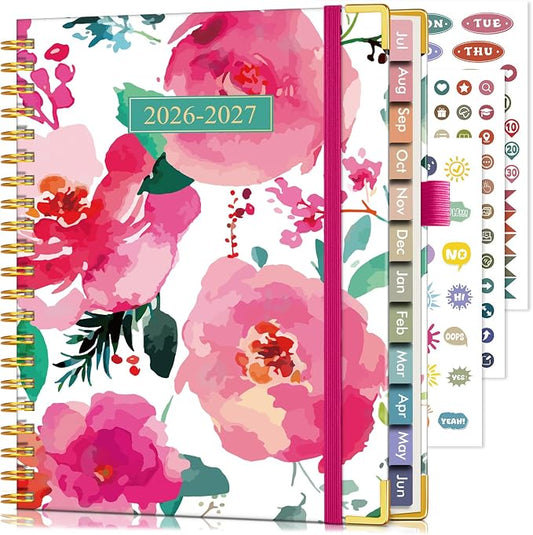 Academic Planner 2026-2027, Hardcover Leather Weekly and Monthly Calendar Planner from July 2026 - June 2027, A5 6.1" x 8.2" Daily Agenda with Tabs, College School Organizer for Student Teacher, Watercolor Blooms