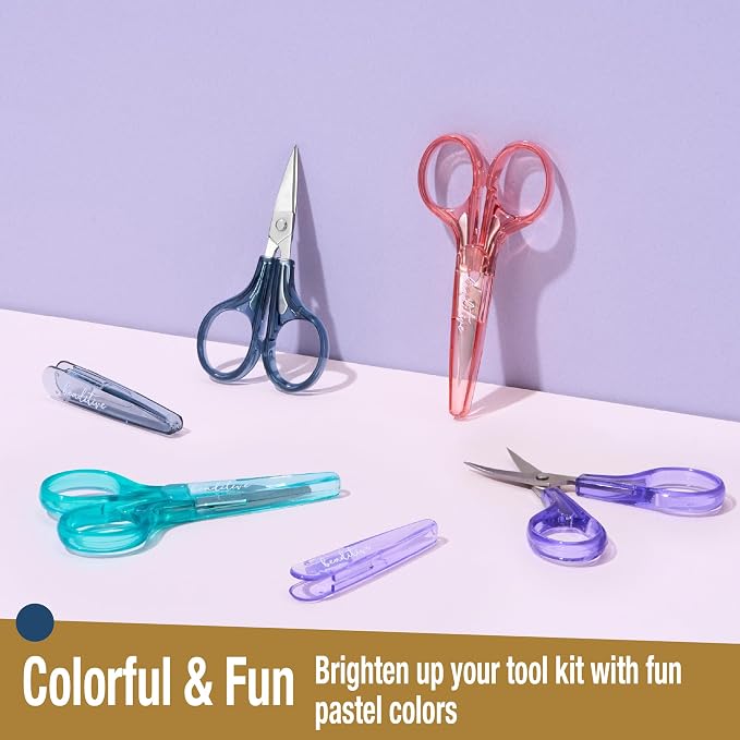Beaditive Detail Craft Scissors Set (2 pcs) Curved and Straight, Sharp, Compact | Sewing, Embroidery, Paper Cutting, Crafting | Stainless Steel | Protective Cover (Blue&Pink)
