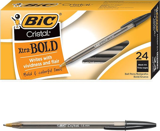 BIC Cristal Xtra Bold Ballpoint Pens, Bold Point (1.6mm) For Vivid And Dramatic Lines, Black Ink, 24-Count Pack, Perfect Ink Pens