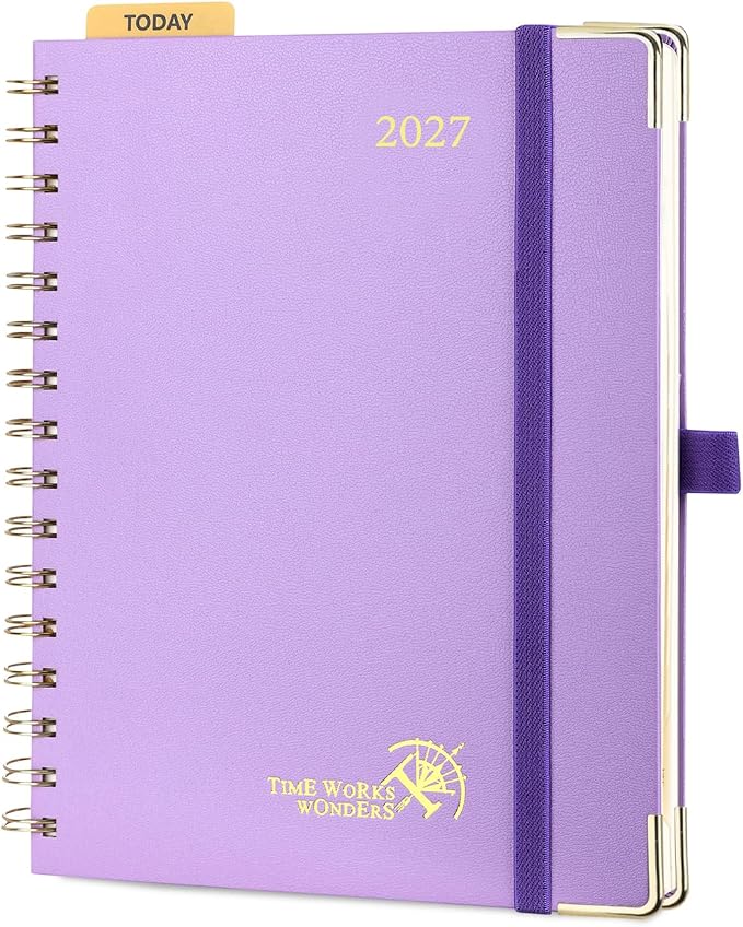 POPRUN 2027 Planner Daily Weekly and Monthly Calendar with Hourly Schedule(Medium Size 8.5'' x 6.25'' Wire-Bound Hard Cover) - Agenda 2027 (Jan.2027-Dec.2027), Monthly Tabs - Violet