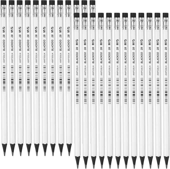 M&G BLACKOO Series 2B Wood-Cased Pencils, 24-Pack Pre-Sharpened with Top Erasers, Bulk Black Pencils for School, Teachers, Writing, Drawing and Sketching (White)