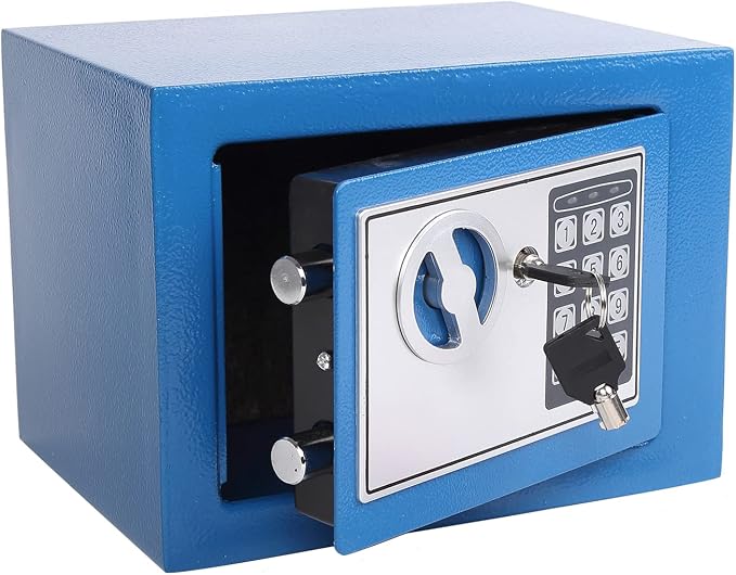 Yuanshikj Small Steel Security Safe Box with Keypad,Key;0.23 Cu Ft, Blue | Electronic Digital Secure,9.1" W x 6.7" D x 6.7" H,Hidden for Home Dorm Apartment Hotel Office Cash Jewelry Storage