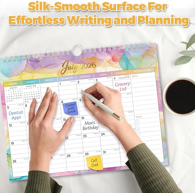 Wall Calendar July 2026 – December 2027 – 18 Monthly Calendar, 11 x 8.7 In, with Holidays, Julian Dates, Thick Paper & Notes Space, Home Office Wall Decoration