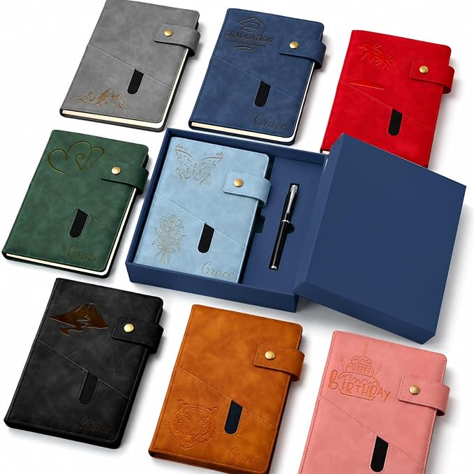 Personalized Leather Journal Gift Set with Gift Box, Custom A5 Writing Notebook & Pen Set, Leather Bound Diary for Men Women, Travel Work School Gift