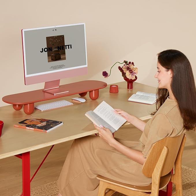 Fenge Computer Monitor Stand with Solid Beech Wood Legs, 34 Inch | Full-Red Finish Panel, 5-Min Tool-Free Assembly, Oval Monitor Riser for Art Spaces, Studios, Home Office