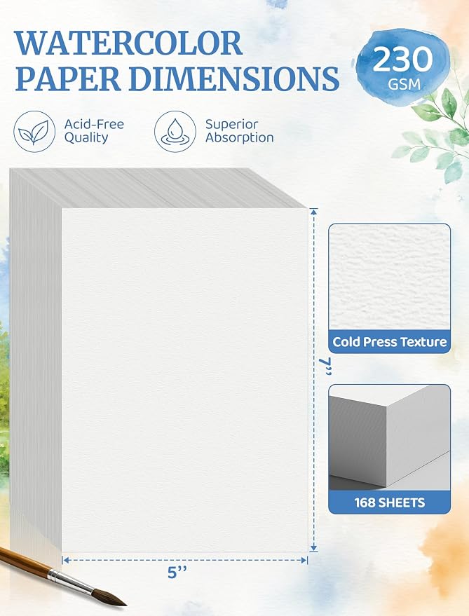 168 Sheets 5x7 Watercolor Paper Bulk, Cold Press Watercolor Paper 5x7, 110 LB/230 GSM Water Color Paper 5 x 7, Watercolor Paper Pad for Kids Adults, Art Paper for Painting, Sketching, Acrylic, Gouache