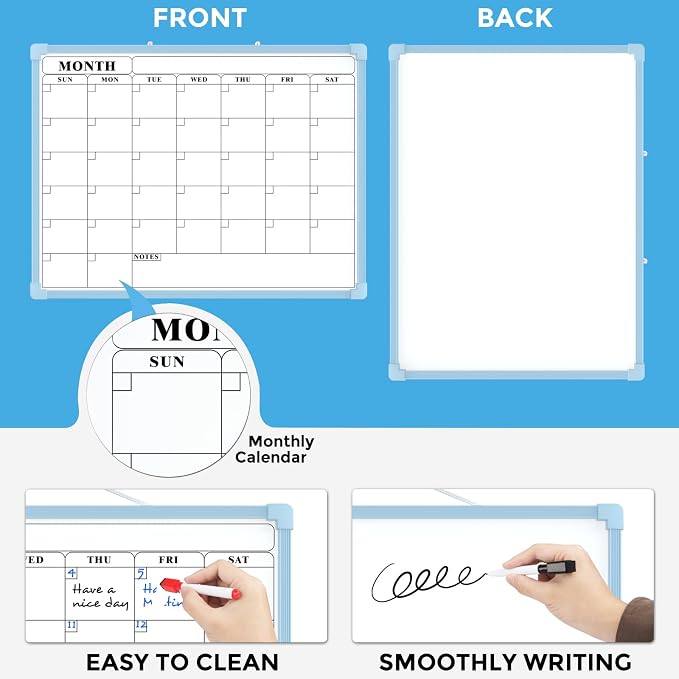 MaxGear Monthly Calendar Dry Erase Board for Wall, 16"x12", Blue Frame | Double-Sided, Hanging Small White Board, Portable Whiteboard for Planning, Drawing, Memo, to Do List, Home, Kitchen, Office