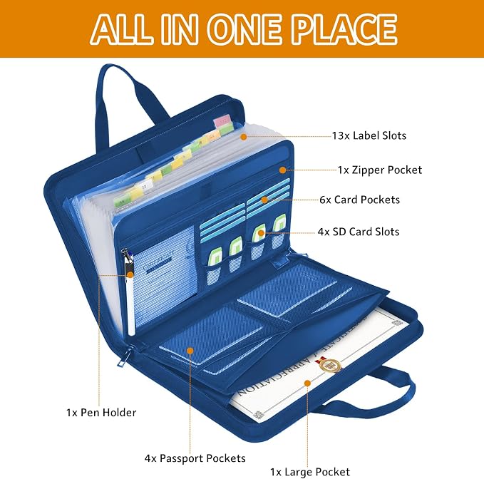 onvvippiv File Organizer Fireproof Expanding Accordion File Folder | Document Organizer Holder Storage Box Bag with Zipper Labels 13 Pockets for Business Office Receipt Home Travel