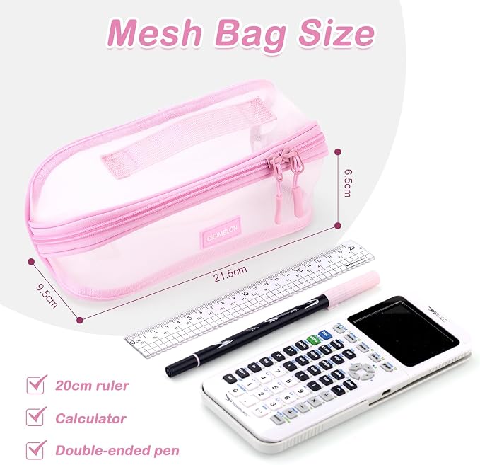 CICIMELON Transparent Mesh Pencil Pouch with Handle Big Case Clear Pen Bag College Essentials School Supplies, Pink