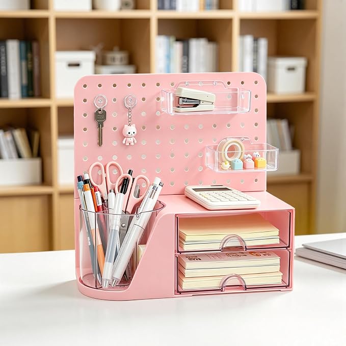 Desk Organizer with 360° Rotating Pen Holder, 5 Slots, 2 Drawers & Pegboard for Office School Art Supplies (Pink)