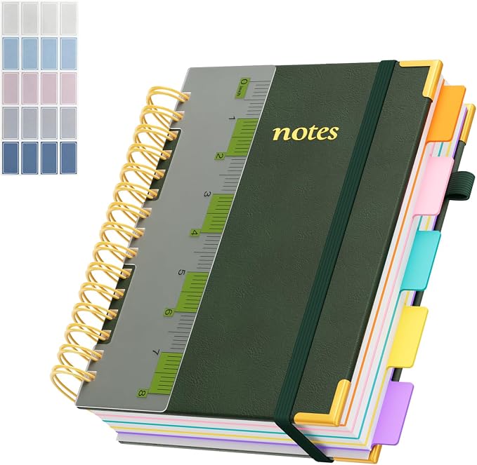 XYark A5 Hardcover Spiral Notebook, 6.3"x8.5" College Ruled Notebooks with Removable Dividers Tabs & Ruler, 5 Subject Notebook 300 Pages, Small Lined Journal for Women Men School Work Office, Green