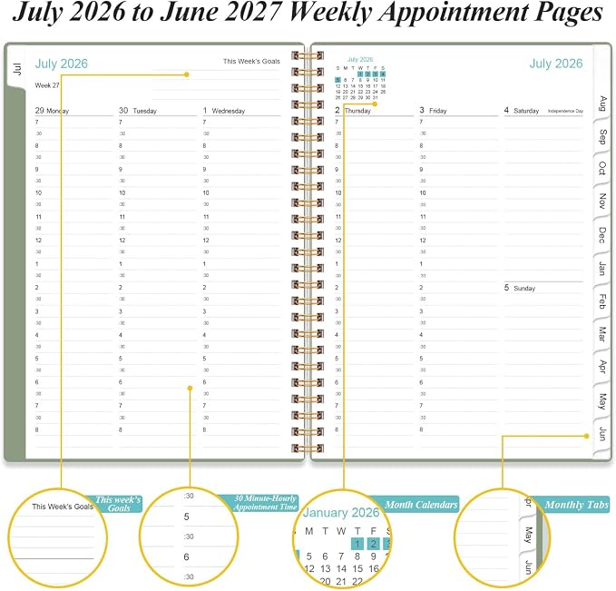 2026-2027 Appointment Book & Planner - Hourly Planner from July 2026 - June 2027, Weekly Appointment Book 2026-2027 with 30-Minute Interval, 6.4" x 8.5", Green