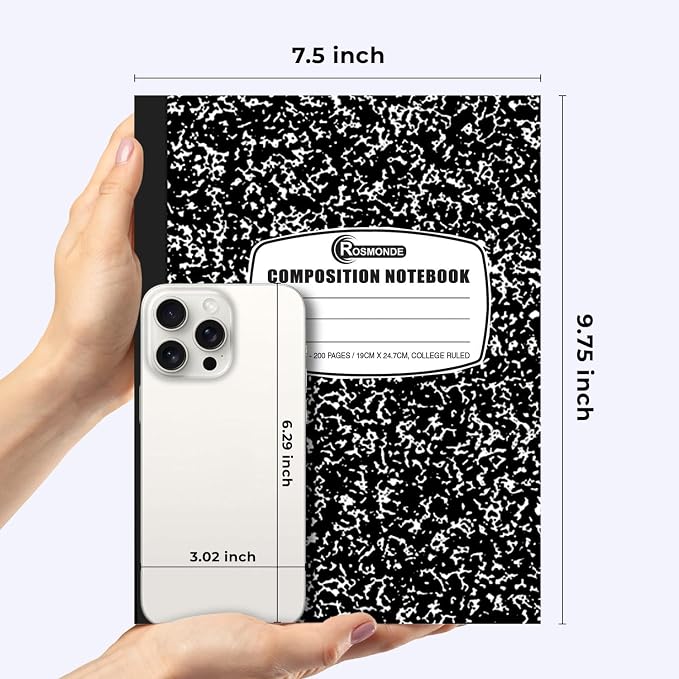 Rosmonde 100 Pack Black Marble Composition Notebooks, College Ruled, 200 Pages (100 Sheets), 9-3/4 x 7-1/2, Hard Cover Composition Book, Bulk School Supplies, Bulk Notebooks for School & College