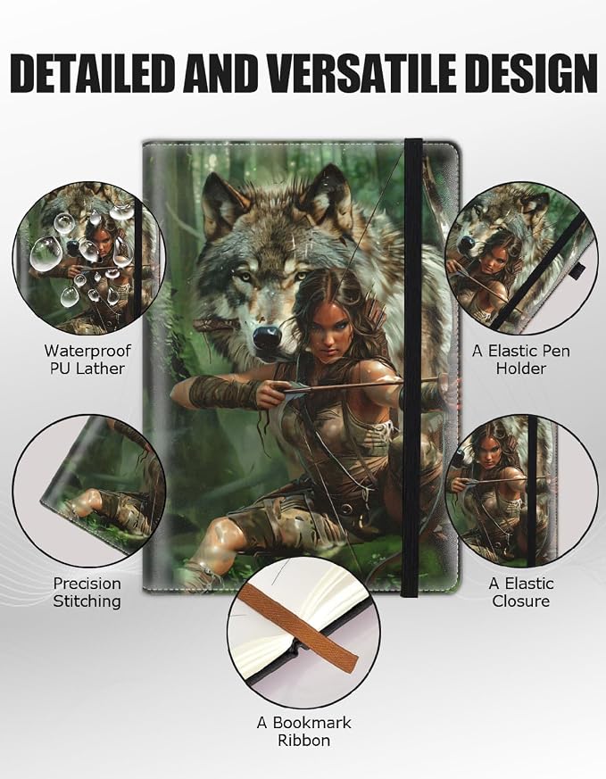 Hardcover Executive Notebooks, A5 PU Leather Lined Journal Notebook, 200 Pages Thick Paper Subject Notebooks for School,Work,Home Writing Business Notebook, Diary Book ，Hunting Beauty and Wolf