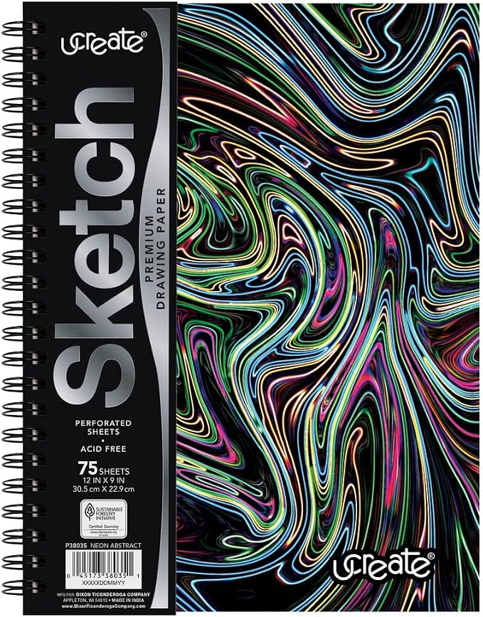 UCreate Fashion Poly Sketch Book Abstract Design, 9" x 12", Neon 75 Sheets