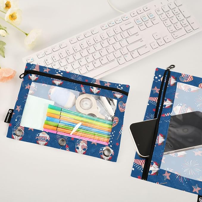 Emelivor Gnome 4th July Pencil Pouch for 3 Ring Binder 2 Pcs Binder Pouches with Zipper Pocket Pencil Case Bag with Clear Window for College Office Daily Supplies