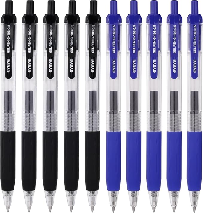 EYEYE G-103 0.5mm Gel Pens, 5 Black 5 Blue, Extra Fine Point Pen | Retractable, Quick Drying, Ballpoint Pen Fine Point Smooth Writing Pens for Office School Supplies
