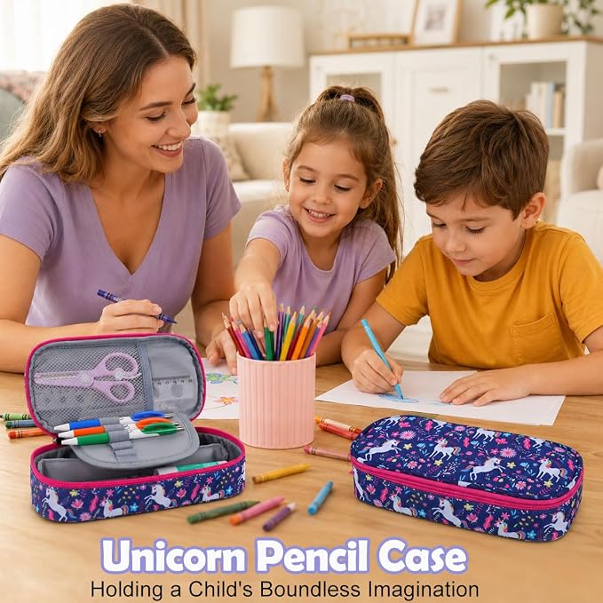 RHCPFOVR Kids Pencil Case for Girls-Soft Zipper Large Capacity Pencil Pouch for Girls Pencil Case for School Pencil Bag for Toddler (Deep Blue Unicorn)