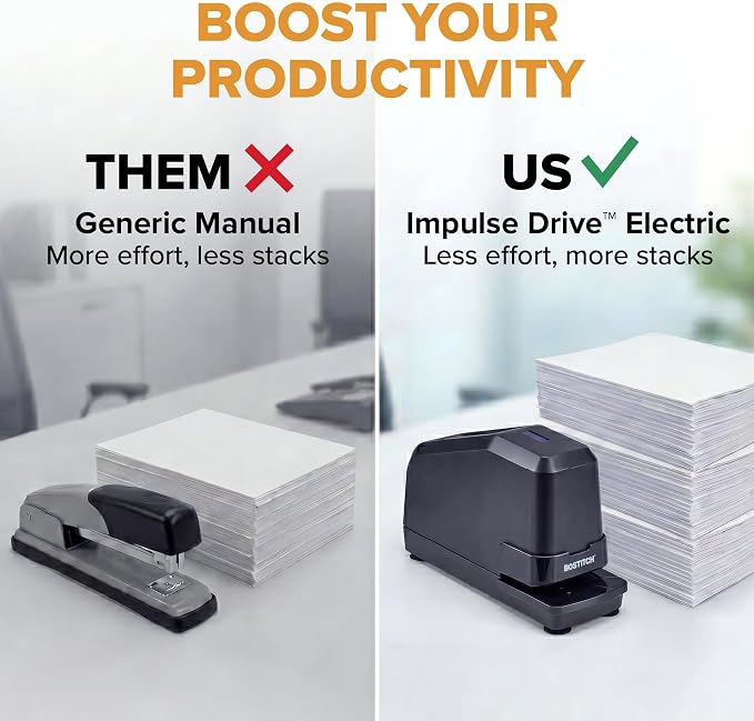 Bostitch Office Impulse Heavy Duty Electric Stapler Value Pack, 45 Sheet Capacity, Includes 5,000 Staples, No-Jam, Faster Stapling, Black
