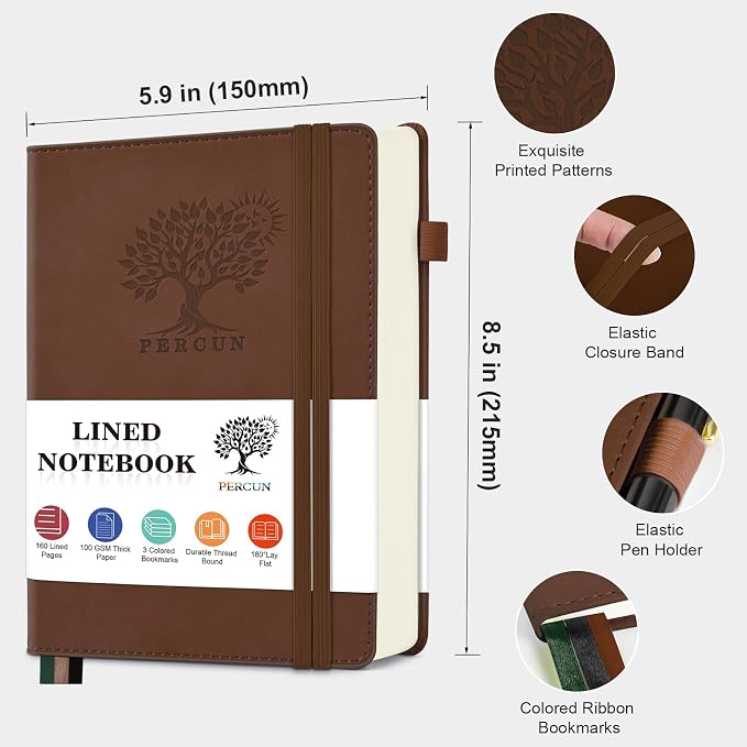PERCUN A5 Leather Notebook Journal, 160 Lined Pages, 5.9" x 8.5" Brown | Leather Journal for Men Women, Hardcover Notebooks for work, school, business, travel diary, Note taking & Daily Journaling