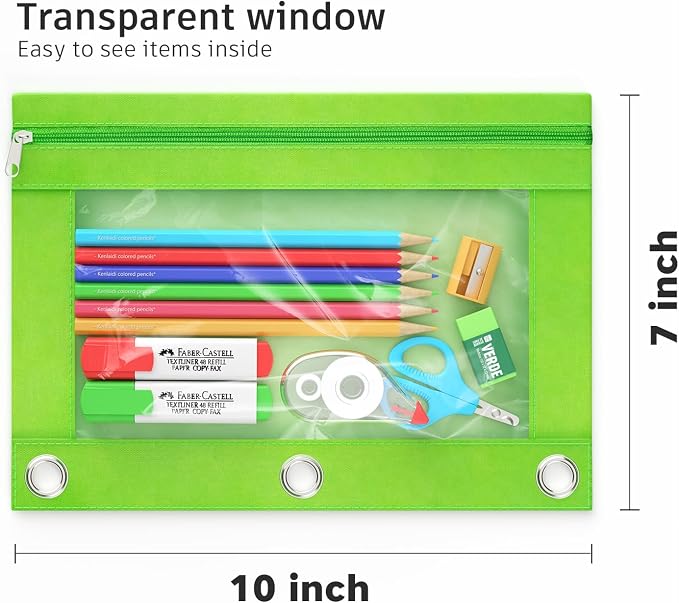 DoDoMagxanadu Binder Pencil Pouches, Pencil Pouch for 3 Ring Binder with Zipper Pulls, Clear Window Pencil Case for Binder, Zipper Pencil Pouches with Rivet Enforced 3 Ring, 20 Pack, 10 Color