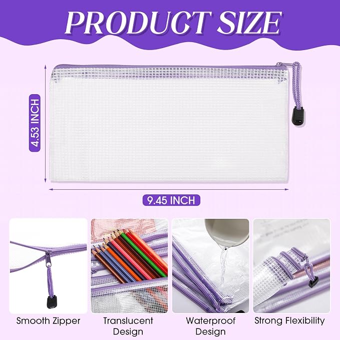 Handepo 100 Pack Mesh Zipper Pouch Pencil Pouches Bulk Clear Storage Bag Small Waterproof Purse Bag Multipurpose for Cash Board Game Passport Office(A6/9.45x4.53in,White Pouch Purple Zipper)
