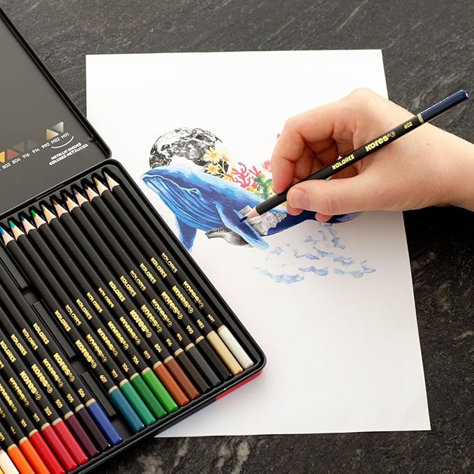 Kores - Kolores Selection: 24 Coloured Pencils for Adults & Artists, FSC wood with Soft Lead, Triangular Shape, Premium Arts and Hobby Supplies, Set of 24 Assorted Colours in metal case