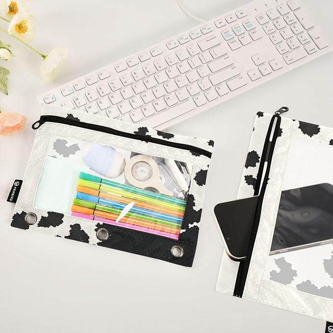 Gredecor 3 Ring Binder Pencil Pouch, Cow Skin Zippered Pen Case Pouches with Clear Window, 2 Pack Stylish Office & School Supplie