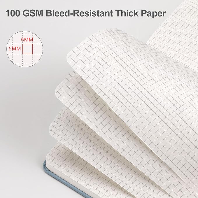 EMSHOI Graph Grid Journal Notebook, 192 Pages, A5 Size (5.7'' x 8.3'') | Leather Hardcover, 100 GSM Thick Paper, for School, Note Taking, Math, Engineering, Sun Debossed (Gray Blue)