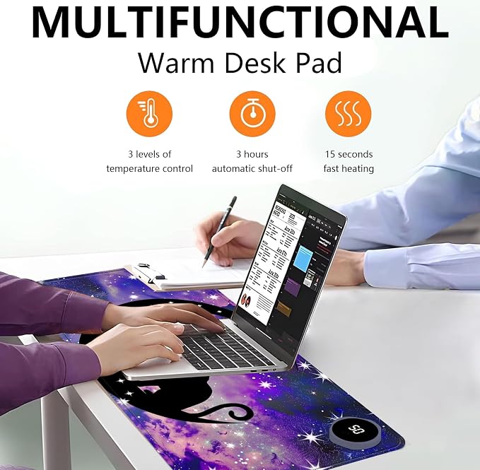 Heated Mouse Pad with 3 Levels Heated & 3 Hours Auto Shut-Off Mouse Pad for Warming Hands in Office Home, 31.5" x 13"Large Safe Desk Mat Hand Warmer，Cute Space Cat