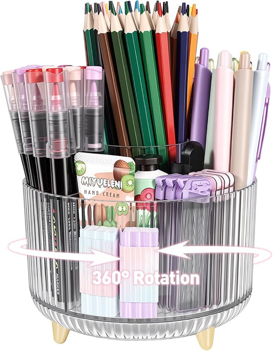 360 Rotating Pen Pencil Holder for Desk, Pen Organizer with 5 Slots, Makeup Brush Holder, Desk Organizer and Accessories, Cute Pencil Cup Caddy for Office School Home Decor Art Supply (Clear)
