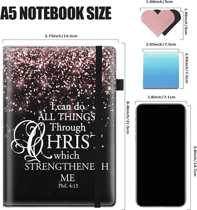 Hardcover Executive Notebooks, A5 PU Leather Lined Journal Notebook, 200 Pages Thick Paper Subject Notebooks for School,Work,Home Writing Business Notebook,Pink Background Bible Verse Phil 4-13