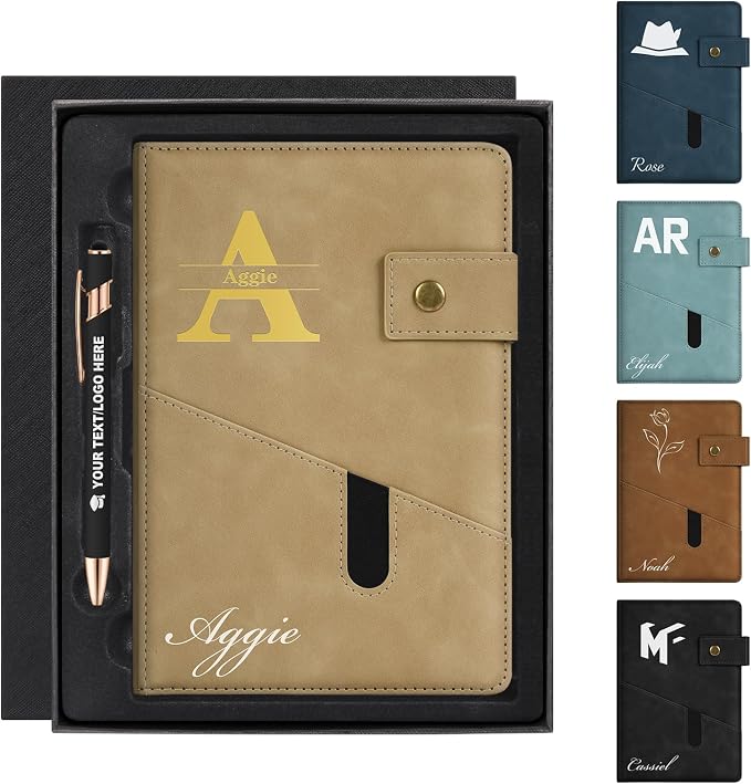 ENOMY Personalized Notebook & Pen Set PU Leather Custom A5 Notebook with Lock 200 Lined Paper Pages Luxury Gift Box for Men Women Travel College Business Gift, Khaki